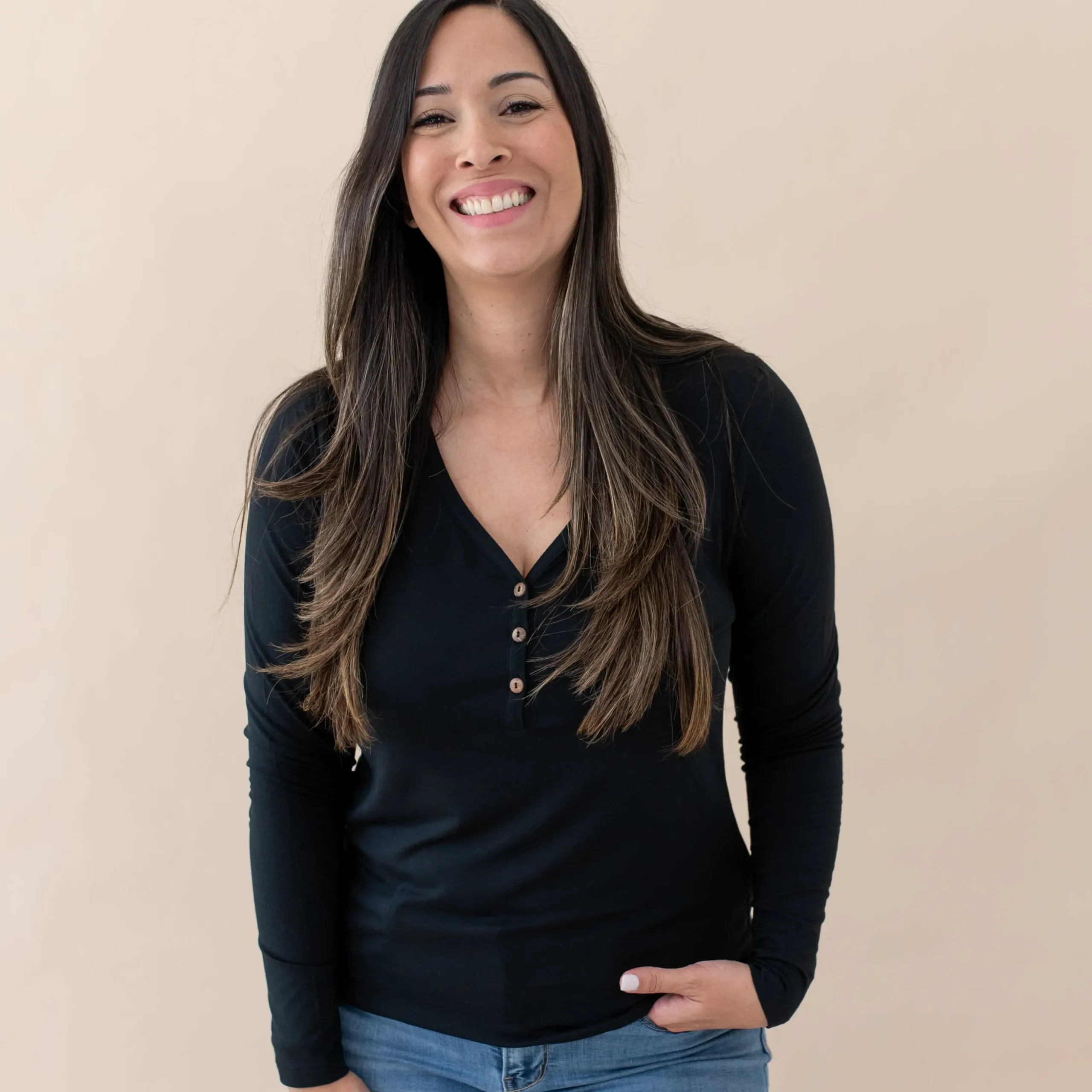 Women's Long Sleeve Henley Tee in Midnight