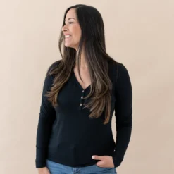 Women's Long Sleeve Henley Tee in Midnight