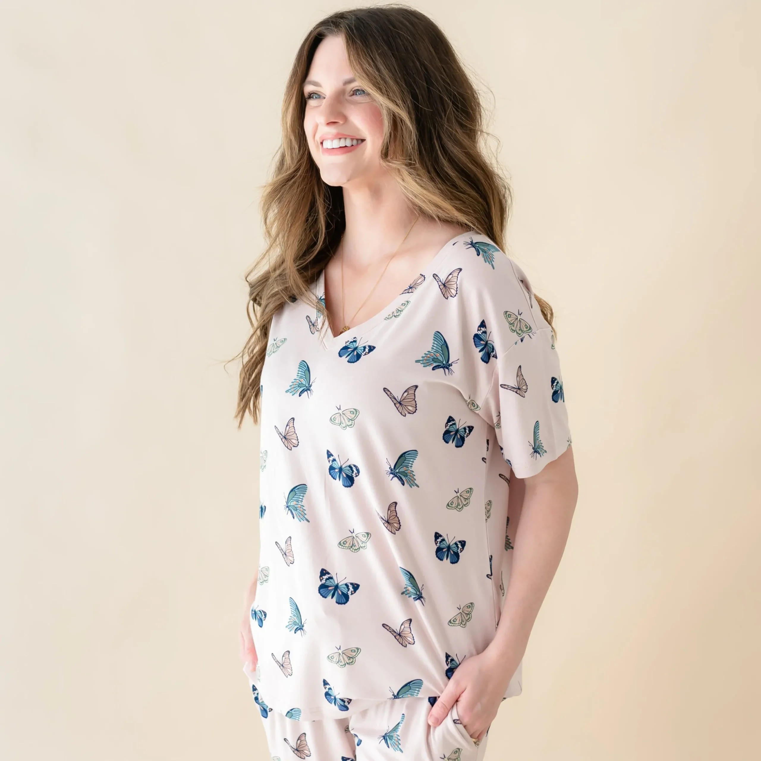 Women's Relaxed Fit V-Neck in Blush Butterfly