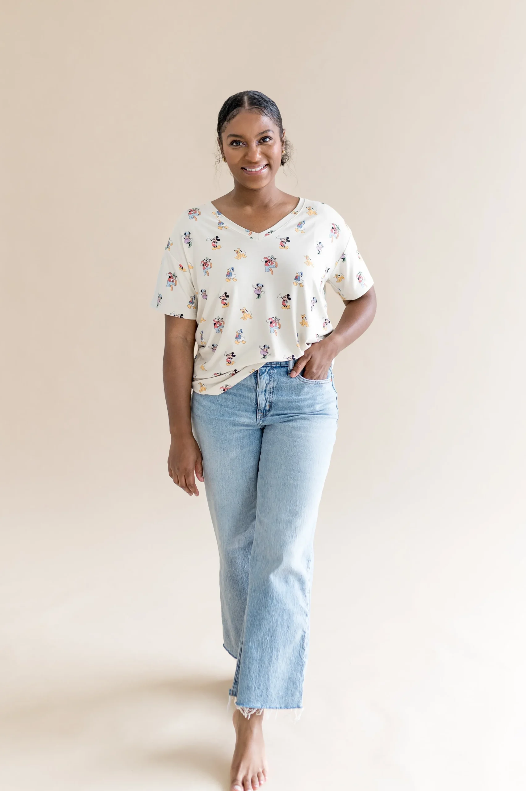 Women's Relaxed Fit V-Neck in Mickey Mouse and Friends