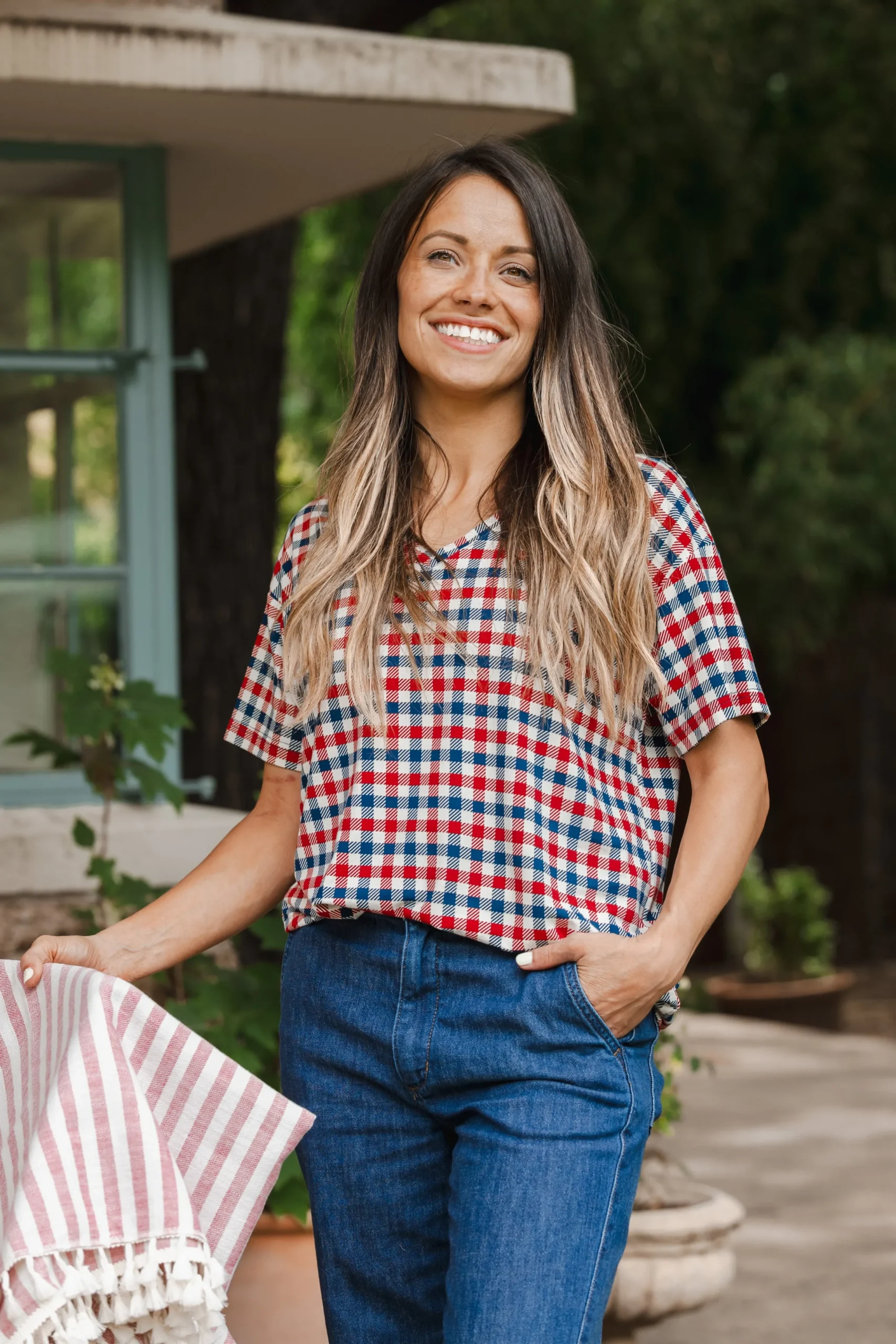 Women's Relaxed Fit V-Neck in Patriotic Gingham
