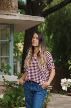 Women's Relaxed Fit V-Neck in Patriotic Gingham
