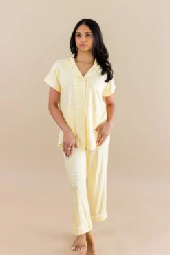 Women's Short Sleeve Cropped Pajama Set in Gingham Chamomile