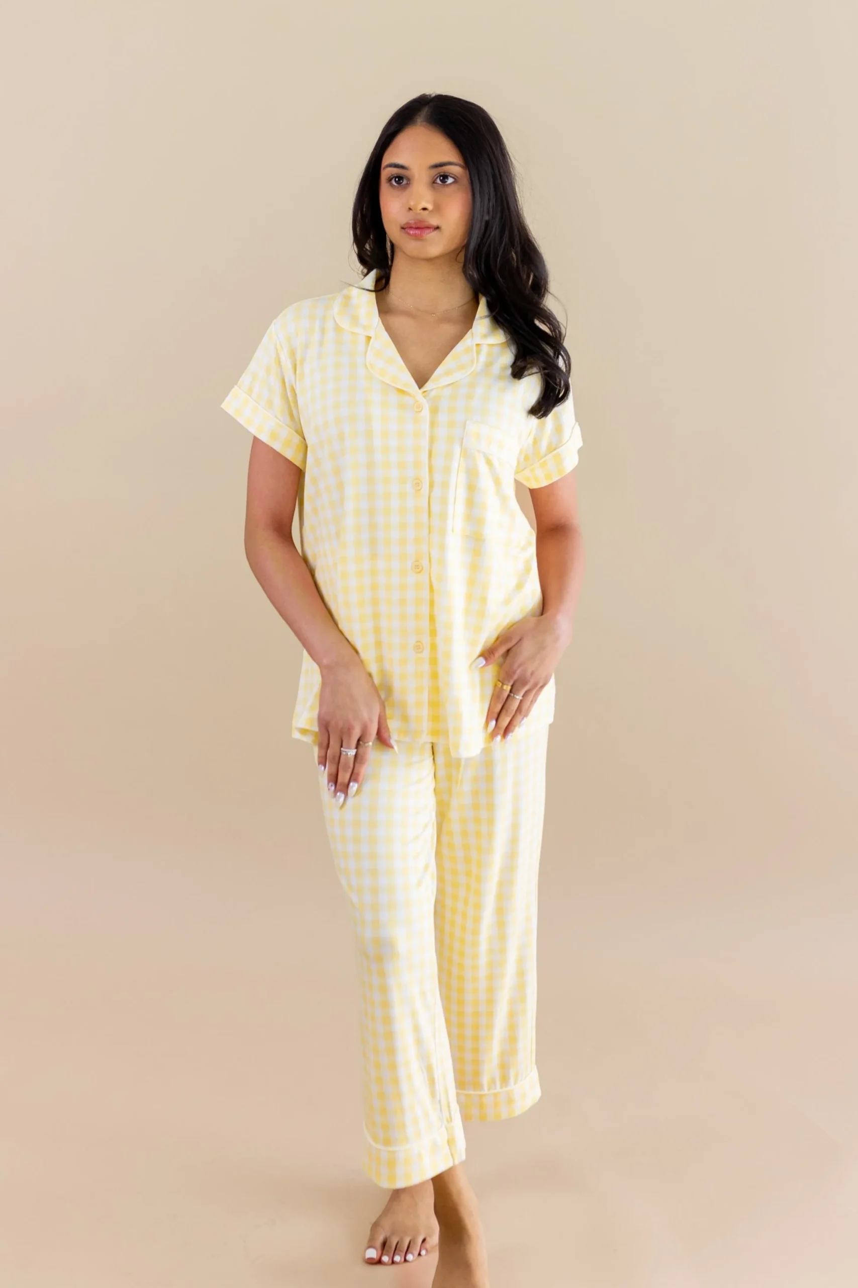 Women's Short Sleeve Cropped Pajama Set in Gingham Chamomile