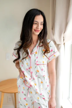 Women's Short Sleeve Cropped Pajama Set in Tulip