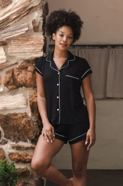 Women’s Short Sleeve Pajama Set in Midnight with Cloud Trim