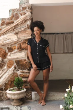 Women’s Short Sleeve Pajama Set in Midnight with Cloud Trim
