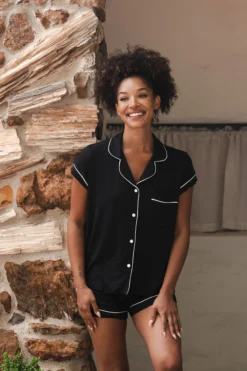 Women’s Short Sleeve Pajama Set in Midnight with Cloud Trim