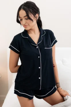 Women’s Short Sleeve Pajama Set in Midnight with Cloud Trim