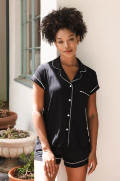 Women’s Short Sleeve Pajama Set in Midnight with Cloud Trim