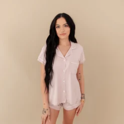 Women’s Short Sleeve Pajama Set in Blush with Cloud Trim