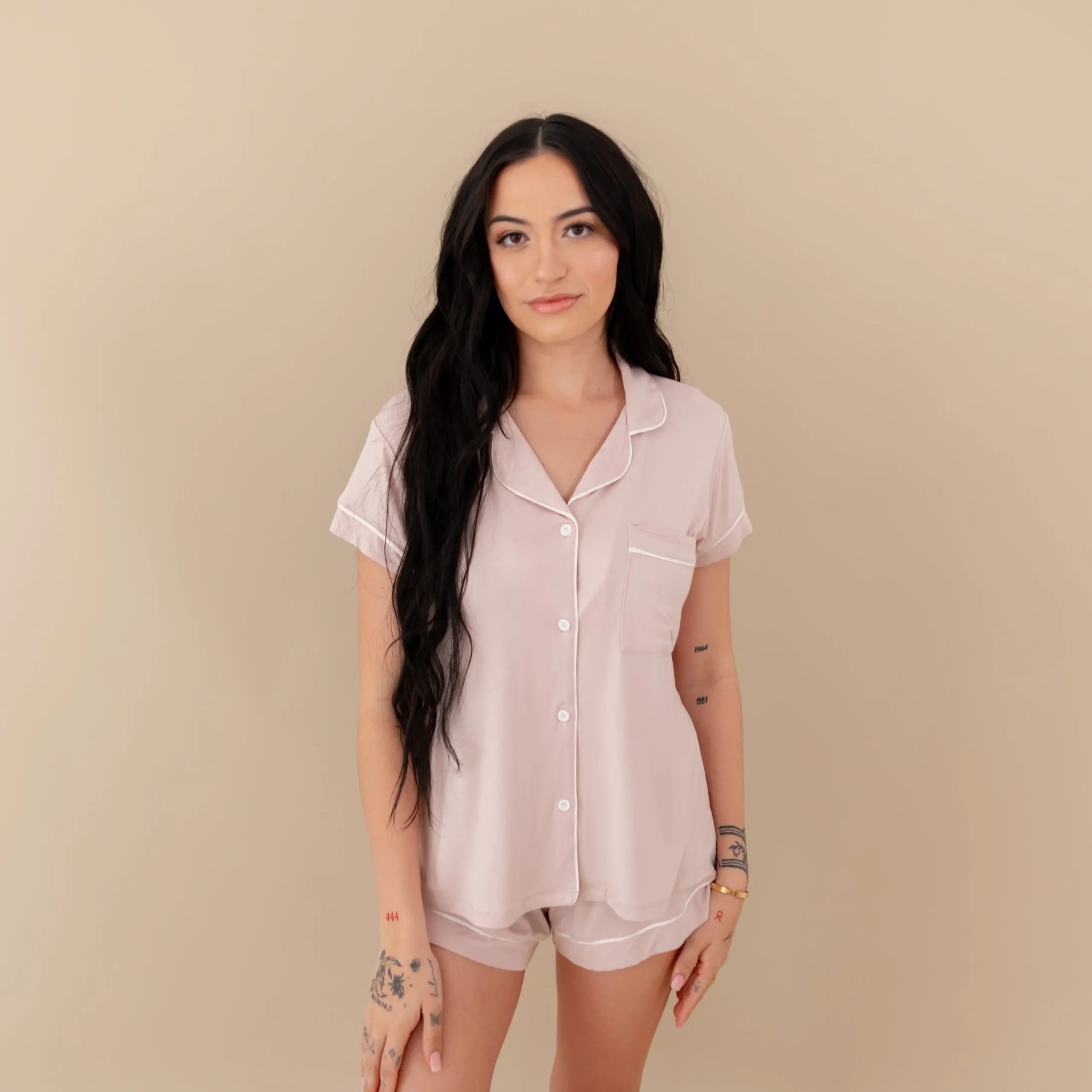 Women’s Short Sleeve Pajama Set in Blush with Cloud Trim