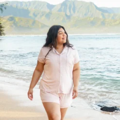 Women’s Short Sleeve Pajama Set in Blush with Cloud Trim