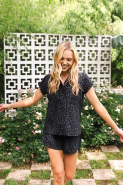Women’s Short Sleeve Pajama Set in Midnight Leopard