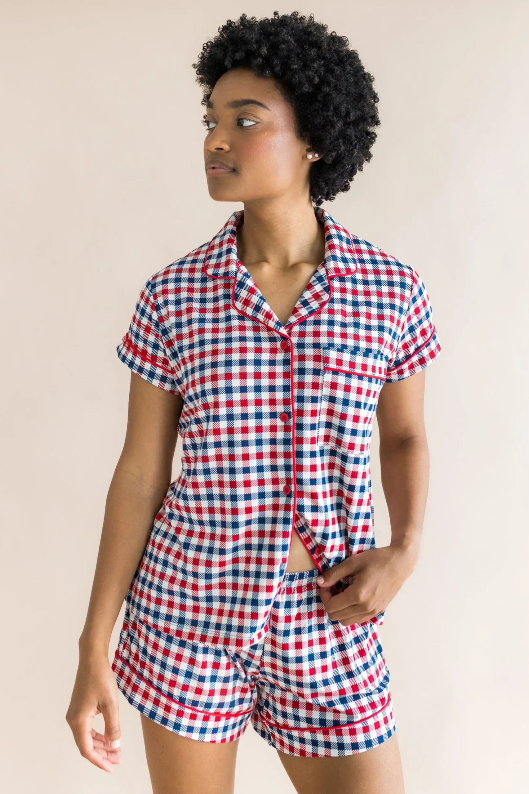 Women's Short Sleeve Pajama Set in Patriotic Gingham