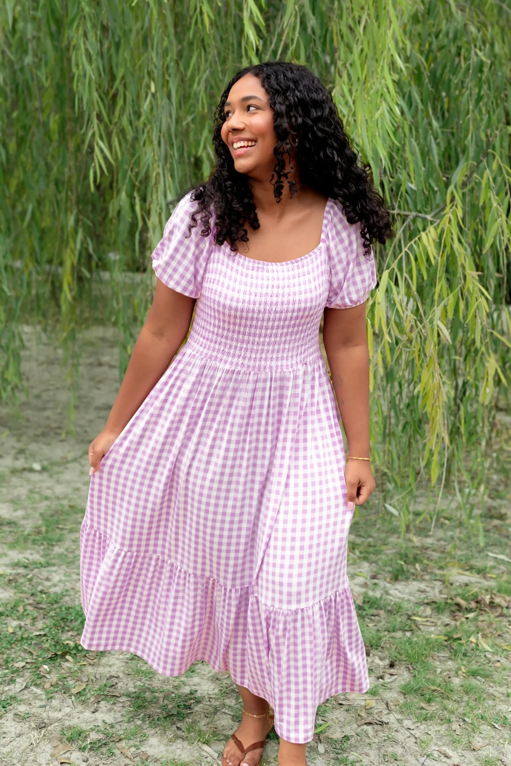 Women’s Smocked Dress in Gingham Thistle