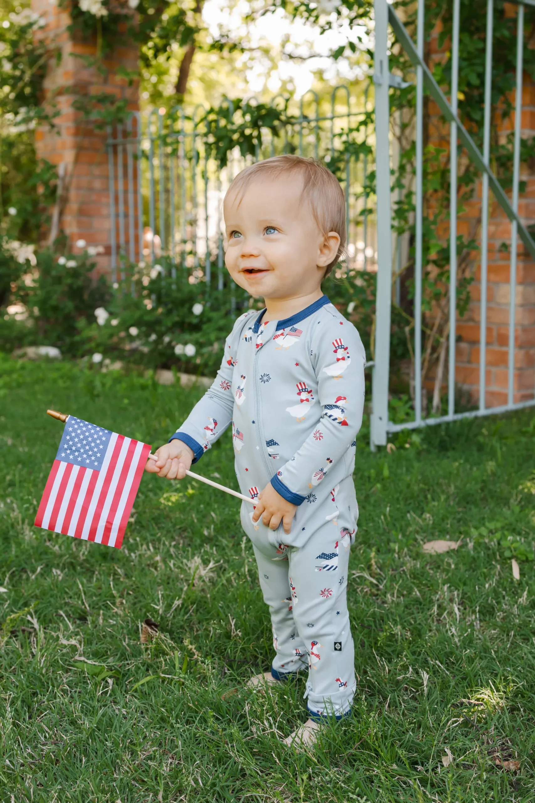 Zippered Romper in Patriotic Goose