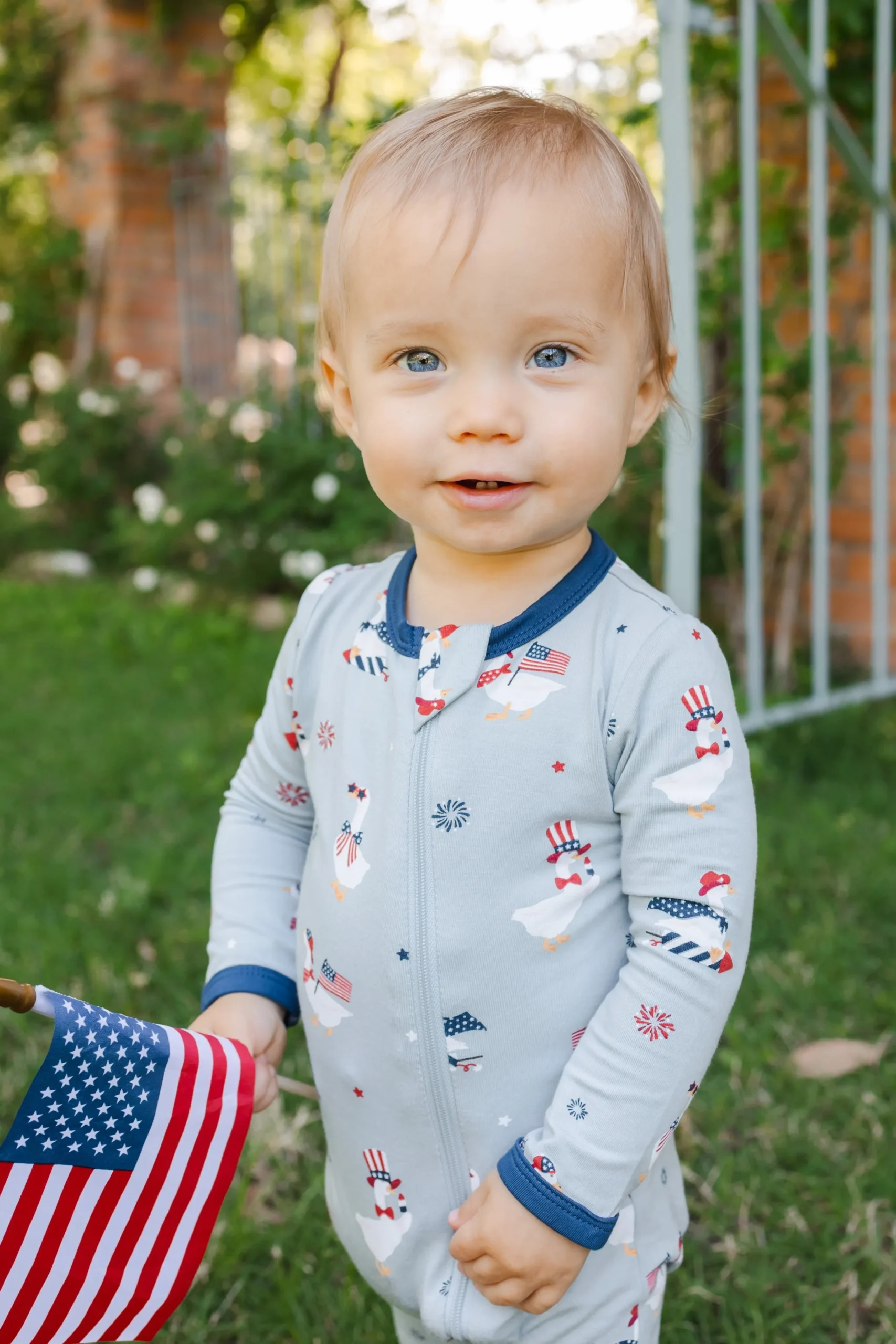 Zippered Romper in Patriotic Goose