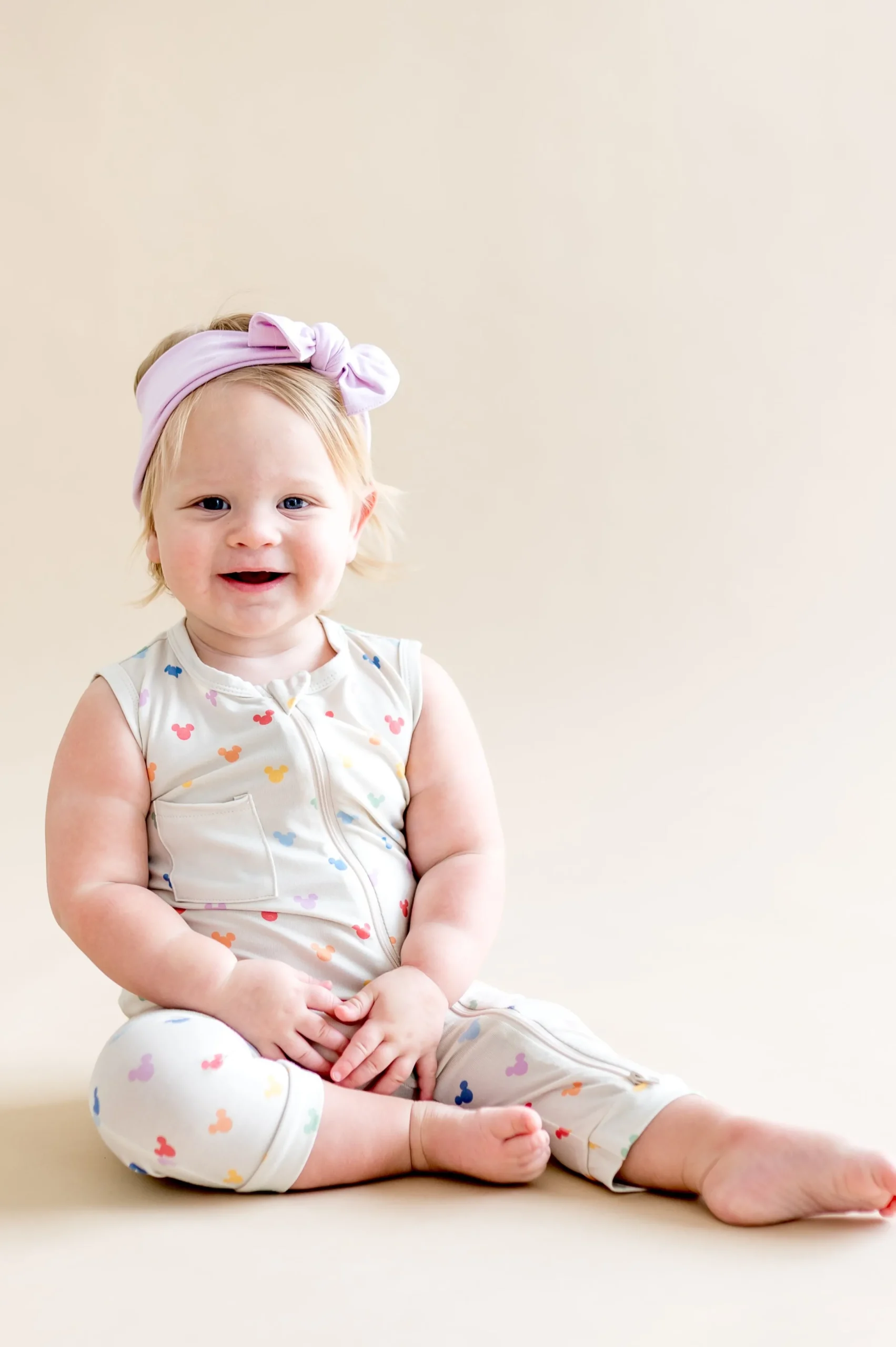 Zippered Sleeveless Romper in Pastel Mickey Mouse