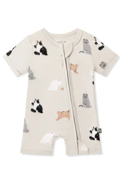Zipper Shortall Romper in Fluffy Cat