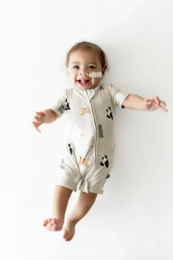 Zipper Shortall Romper in Fluffy Cat