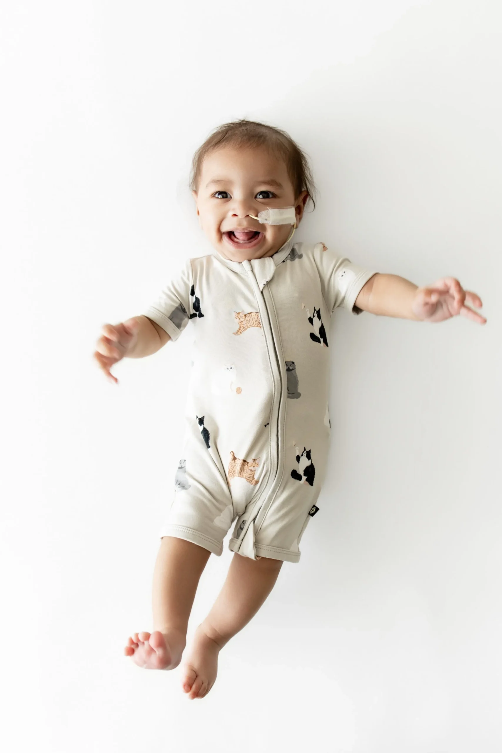 Zipper Shortall Romper in Fluffy Cat