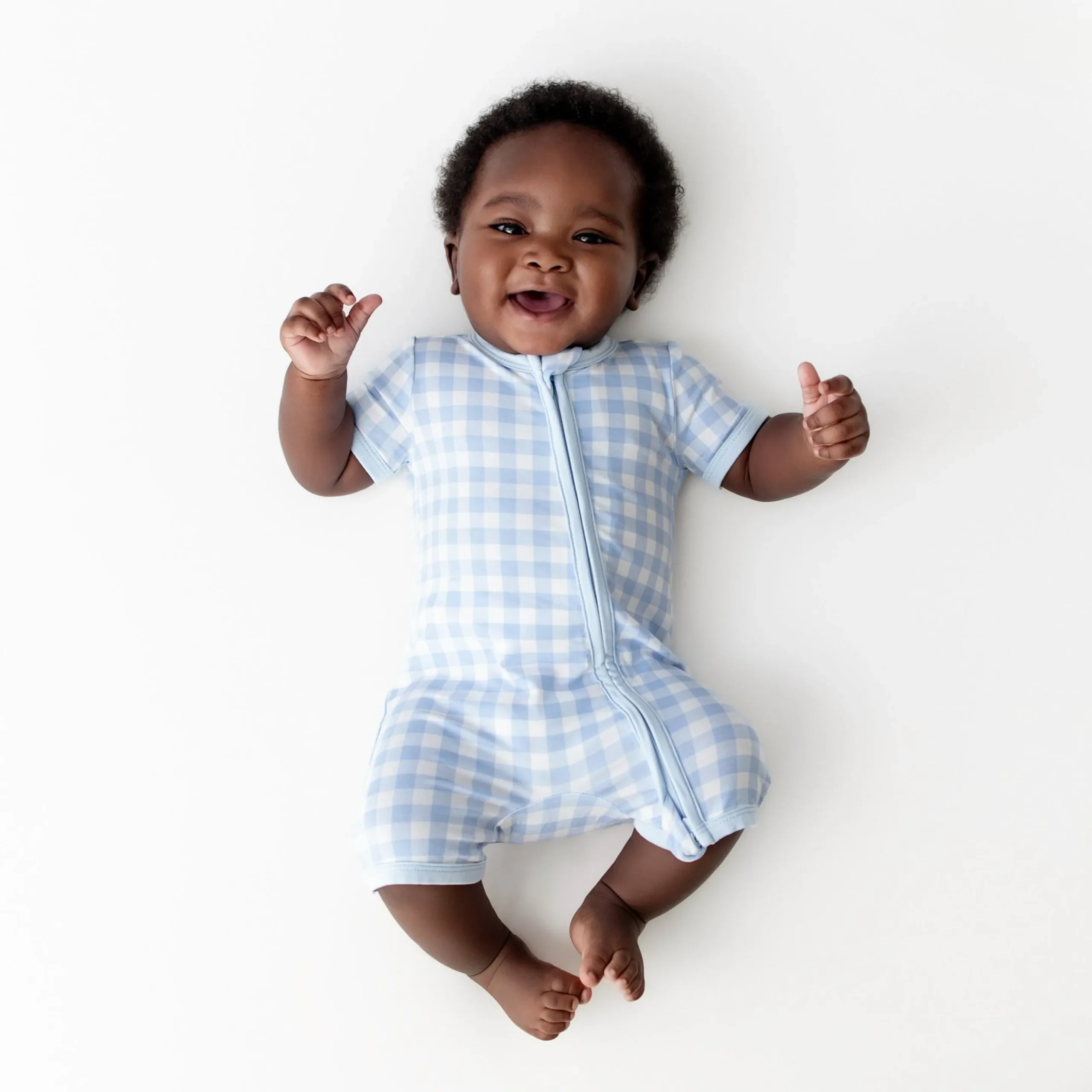 Zipper Shortall Romper in Gingham Breeze