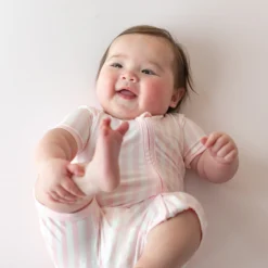 Zipper Shortall Romper in Small Sakura Stripe